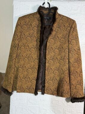 Kasper Women’s Size 14 Brown Gold Paisley Wool Blend Faux-Fur Trim Jacket